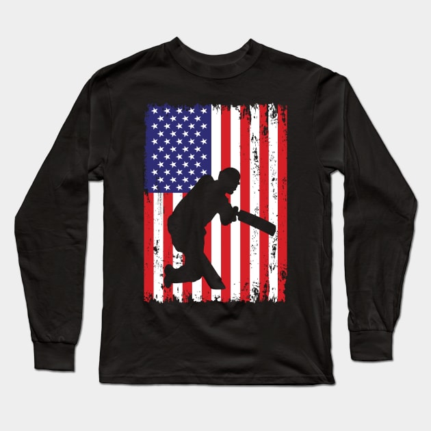 Cricket Player USA Flag 4th July American Independence Day Sport Tee Gift Red White Blue Long Sleeve T-Shirt by Boneworkshop